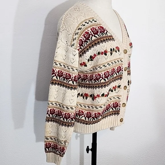 American Vintage Cardigan Cotton Blend Grannycore Floral by BUGC Cream Size L - Picture 13 of 14